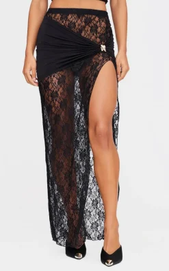 Black Skirt Overlay Detail Lace Maxi Skirt
