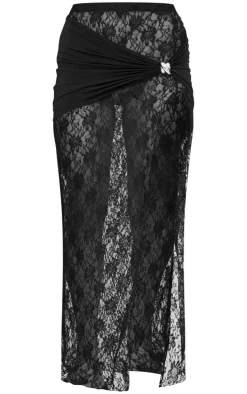 Black Skirt Overlay Detail Lace Maxi Skirt