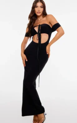 Black Sleeve Detail Double Layer Slinky Maxi Dress