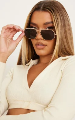 Black Slim Gold Hardware Aviator Sunglasses