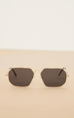 Black Slim Gold Hardware Aviator Sunglasses
