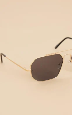 Black Slim Gold Hardware Aviator Sunglasses