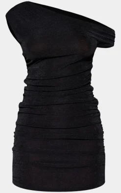 Black Slinky Acetate Ruched One Shoulder Mini Dress