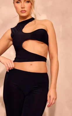 Black Slinky Asymmetric Cut Out Detail Crop Top