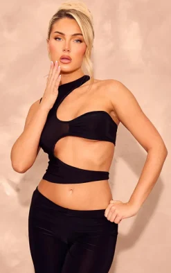 Black Slinky Asymmetric Cut Out Detail Crop Top