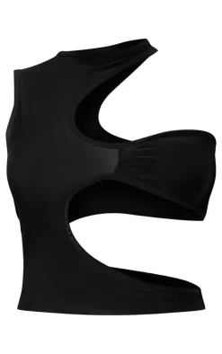 Black Slinky Asymmetric Cut Out Detail Crop Top