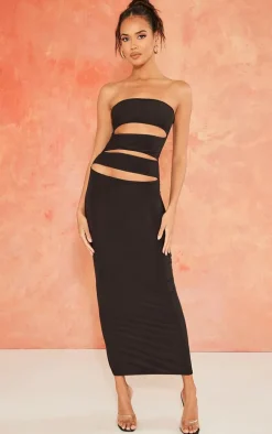 Black Slinky Bandeau Multi Cut Out Maxi Dress