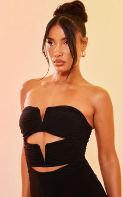 Black Slinky Bandeau V Bar Detail Cut Out Bodycon Dress