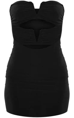 Black Slinky Bandeau V Bar Detail Cut Out Bodycon Dress