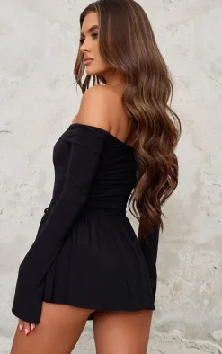 Black Slinky Bardot Long Sleeve Heart Trim Romper