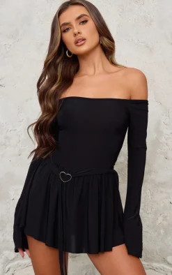 Black Slinky Bardot Long Sleeve Heart Trim Romper