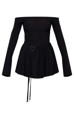 Black Slinky Bardot Long Sleeve Heart Trim Romper