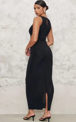 Black Slinky Belt Cut Out Detail Maxi Dress