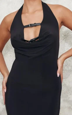 Black Slinky Belt Tie Halterneck Maxi Dress