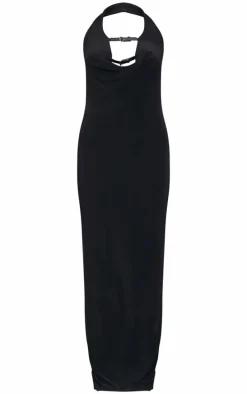 Black Slinky Belt Tie Halterneck Maxi Dress