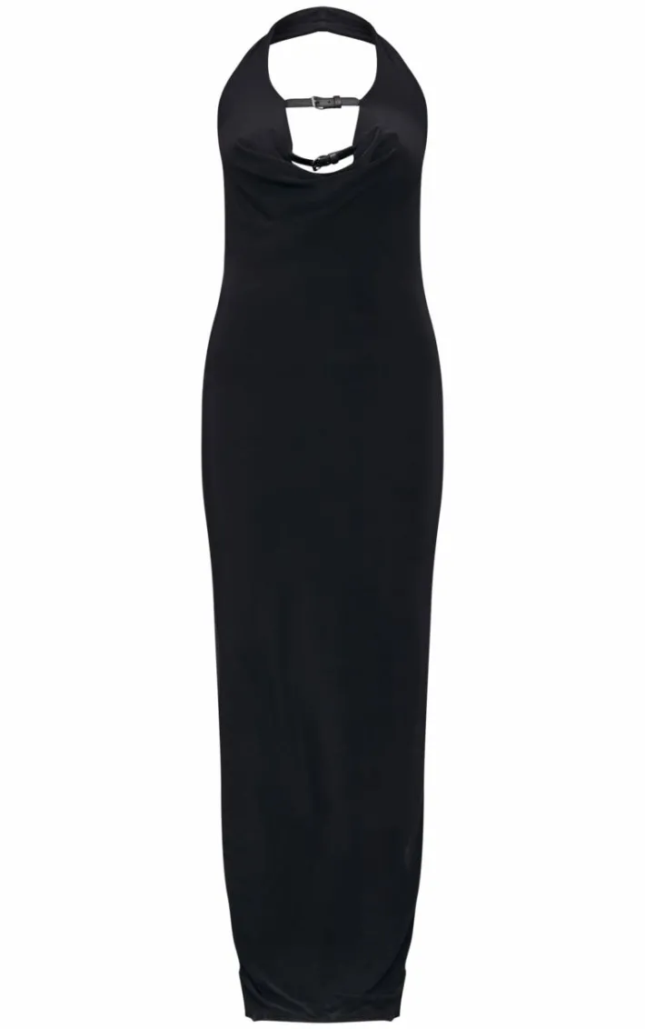 Black Slinky Belt Tie Halterneck Maxi Dress