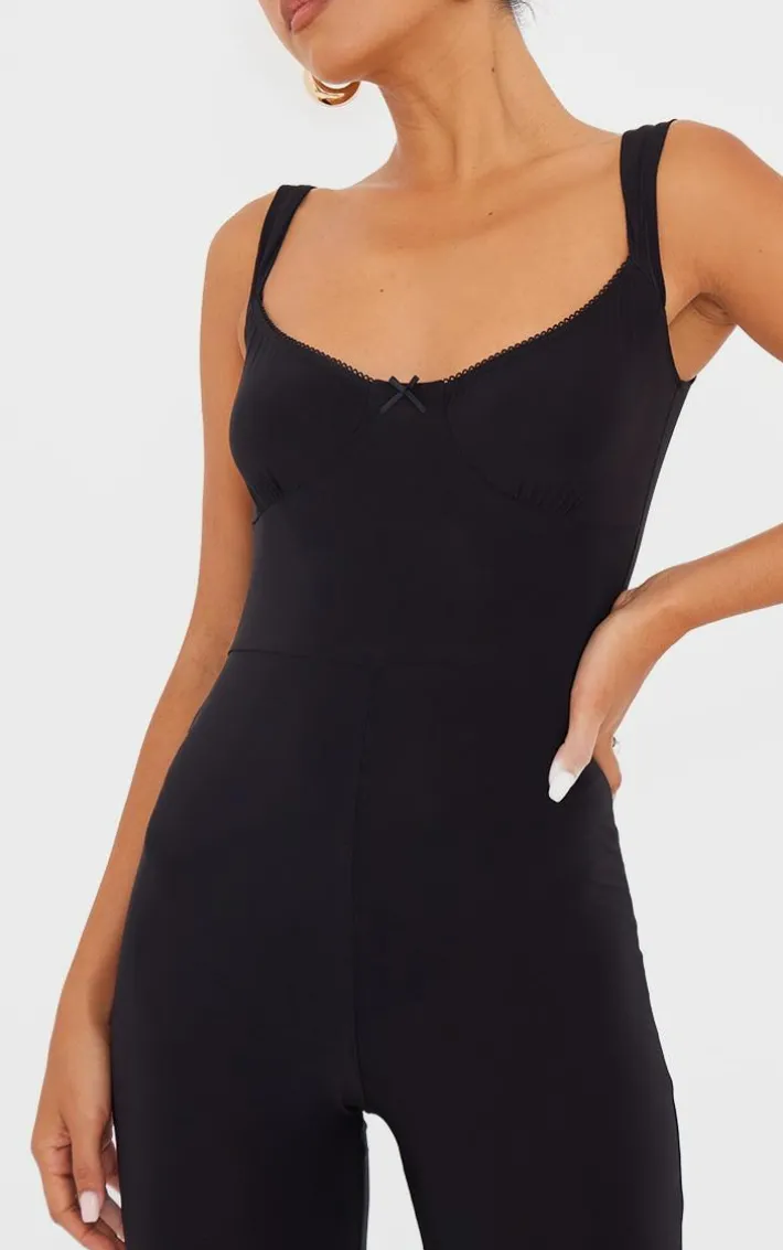 Black Slinky Bow Detail Flare Jumpsuit