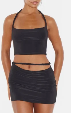 Black Slinky Braided Strap Detail Top