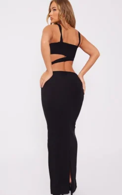 Black Slinky Buckle Detail Cut Out Maxi Dress