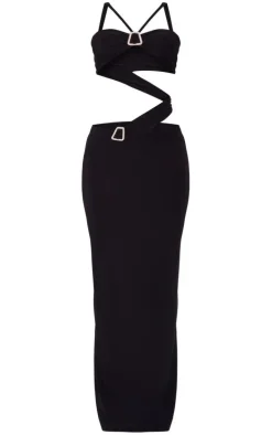 Black Slinky Buckle Detail Cut Out Maxi Dress