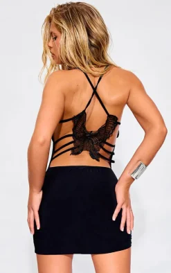 Black Slinky Butterfly Trim Back Mini Dress