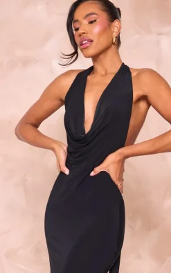 Black Slinky Cowl Halter Neck Midaxi Dress