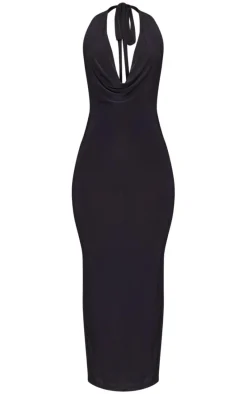 Black Slinky Cowl Halter Neck Midaxi Dress