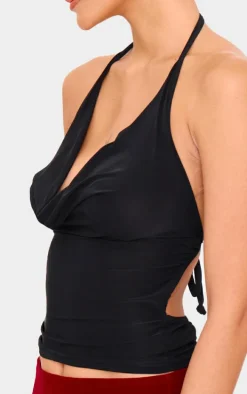Black Slinky Cowl Open Back Halterneck Long Top
