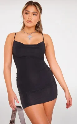 Black Slinky Cowl Spaghetti Strap Mini Dress