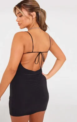 Black Slinky Cowl Spaghetti Strap Mini Dress