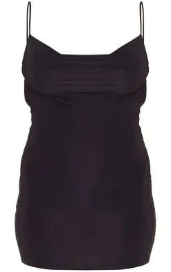 Black Slinky Cowl Spaghetti Strap Mini Dress