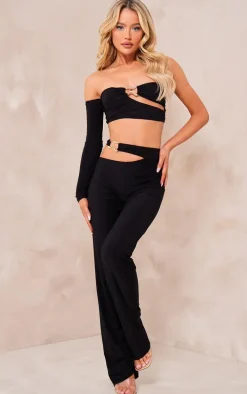 Black Slinky Cut Out Bardot Long Sleeve Crop Top