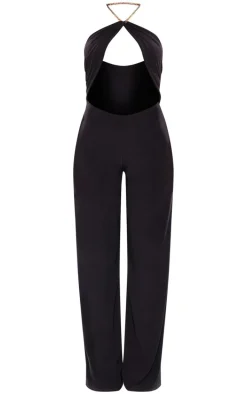 Black Slinky Cut Out Chain Detail Jumpsuit