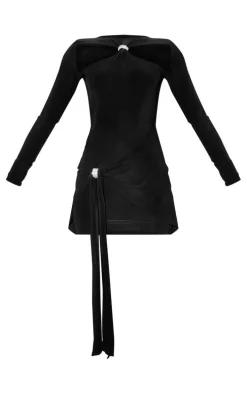 Black Slinky Cut Out Diamante Tie Detail Long Sleeve Bodycon Dress