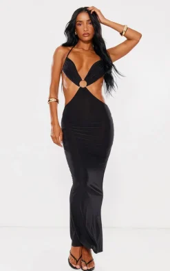 Black Slinky Cut Out Halterneck Maxi Dress