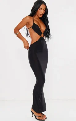 Black Slinky Cut Out Halterneck Maxi Dress