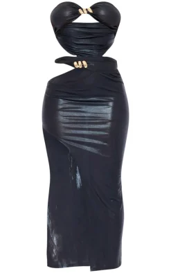 Black Slinky Cut Out Hammered Trim Midi Dress