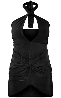 Black Slinky Cut Out Knot Detail Halter Bodycon Dress