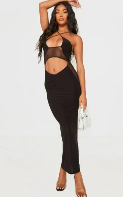 Black Slinky Cut Out Mesh Cup Halter Detail Maxi Dress