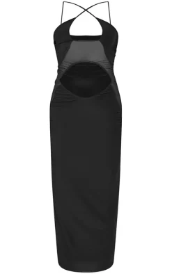 Black Slinky Cut Out Mesh Cup Halter Detail Maxi Dress