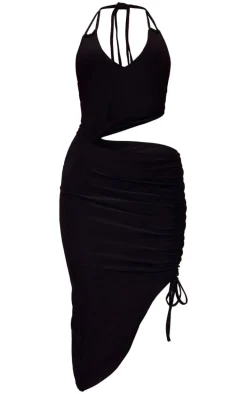 Black Slinky Cut Out Ruched Midi Dress