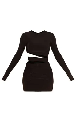 Black Slinky Cut Out Waist Ring Detail Bodycon Dress