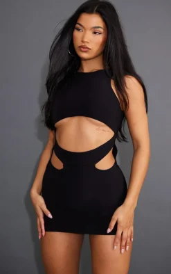 Black Slinky Cut Out Waist Racer Bodycon Dress