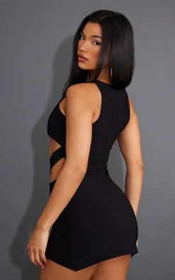 Black Slinky Cut Out Waist Racer Bodycon Dress