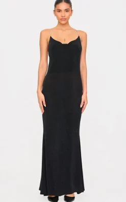 Black Slinky Diamante Strap Cowl Back Maxi Dress