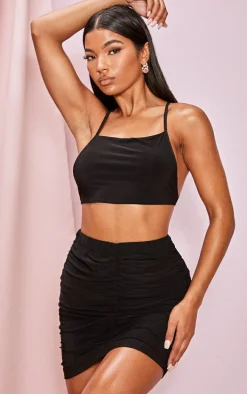 Black Slinky Double Ruched Seam Mini Skirt