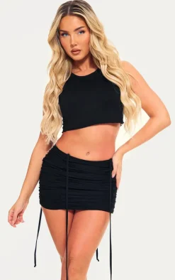 Black Slinky Double Ruched Mini Skirt