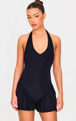 Black Slinky Drop Waist Plunge Romper