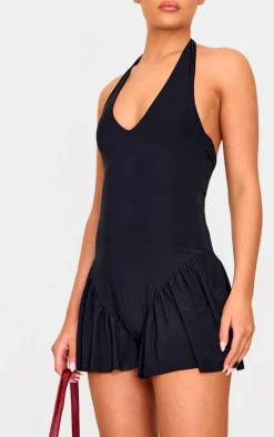 Black Slinky Drop Waist Plunge Romper