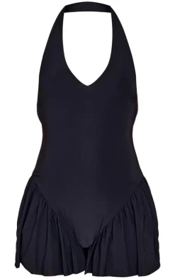 Black Slinky Drop Waist Plunge Romper